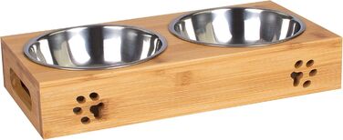 Станція для годування домашніх тварин LAUBLUST: підставка для мисок з бамбука, 2 нержавіючі миски | для собак та котів, розмір 31 x 15 x 6 см | M