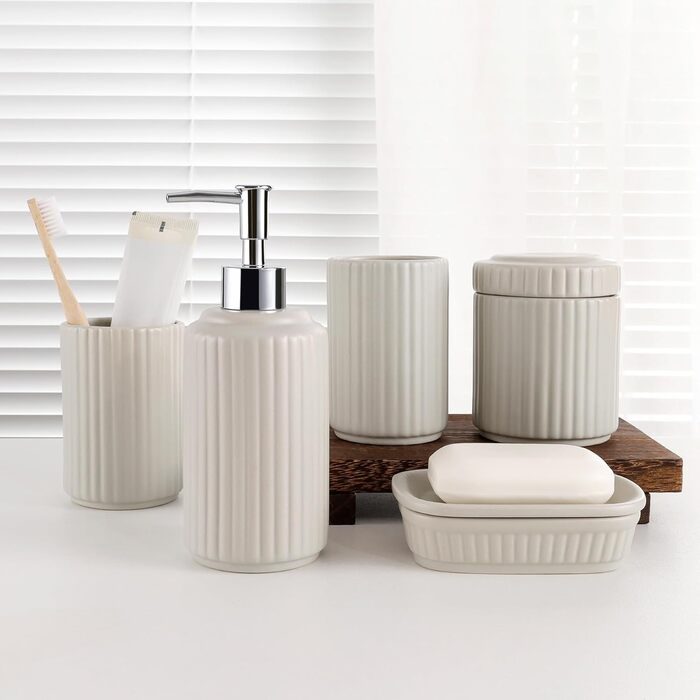 Набір для ванної кімнати NOVAJOY, кераміка, 5 предметів: мильниця, дозатор мила, тримач для зубних щіток, контейнер для ватних паличок, декор для ванної кімнати преміум-якість (абрикосовий сірий)