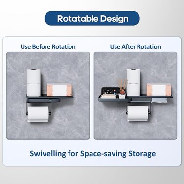 Настінний тримач для туалетного паперу з полицею, багатофункціональний, обертовий, з нержавіючої сталі, чорний мат. Підходить для ванної кімнати, кухні та пральні.