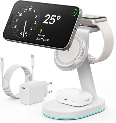 Бездротова зарядка 3-в-1 з MagSafe, USB-C та нічним світлом для iPhone 16/15/14/13/12, Apple Watch та AirPods (біла)