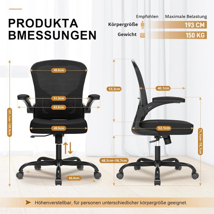 Офісне крісло Synorla: ергономічне, чорне, 150 кг, регульована поперекова підтримка