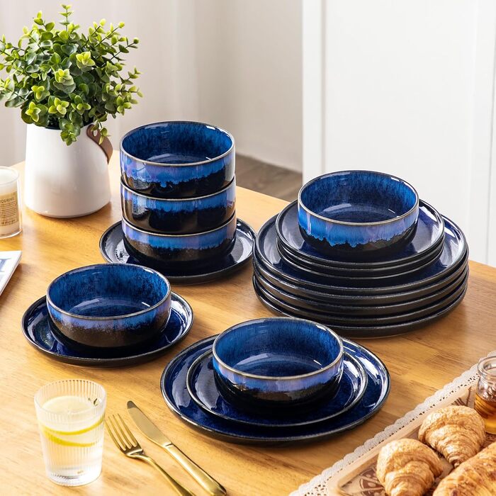Vancasso Starry Blue 24-Piece Stoneware Dinnerware Set for 6 - Complete Tableware Set with Plates, Bowls & Serving Dishes