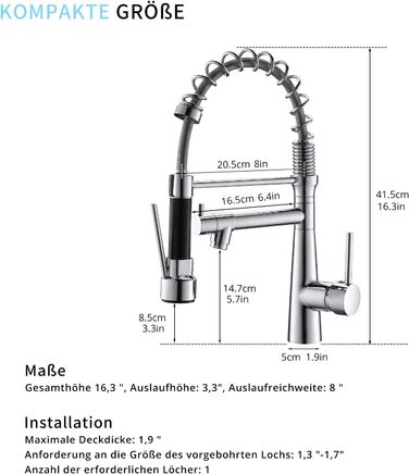 Змішувач кухонний LED Chrome з висувною лійкою, 360° поворот, 2 виходи, для кухні