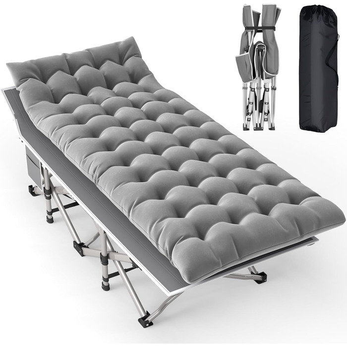 Розкладне ліжко Feldbett з матрацом, до 208 кг, сіре, XL 190x71x35 см - для кемпінгу, саду, пляжу, гостей