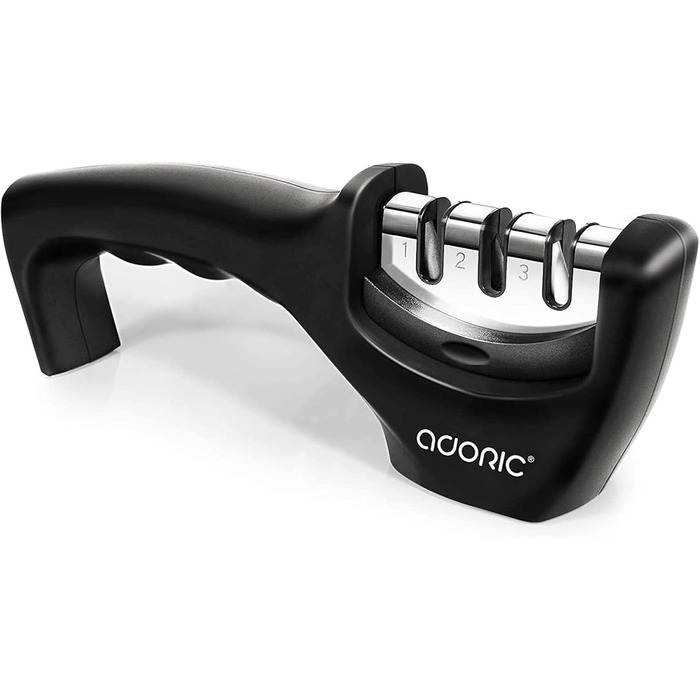 Точилка для ножів Adoric з 3 ступенями, вольфрамовий сталь, діамант, кераміка, чорна