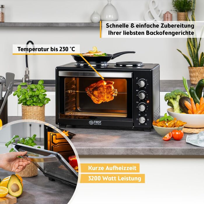 Міні-піч TZS First Austria 45L з плитами 3200W - піч для піци з антипригарним покриттям та 4 рівнями для запікання