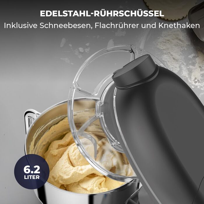 Кухонна машина з тістомісом та машиною для пасти – 2000W, з нержавіючою чашею 6.2L (сіра)