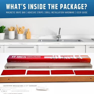 Strong self-adhesive (no drilling) magnetic knife strip for the wall - Premium 43 cm magnetic knife rack - No screws needed - Self-adhesive back (Updated Version)
