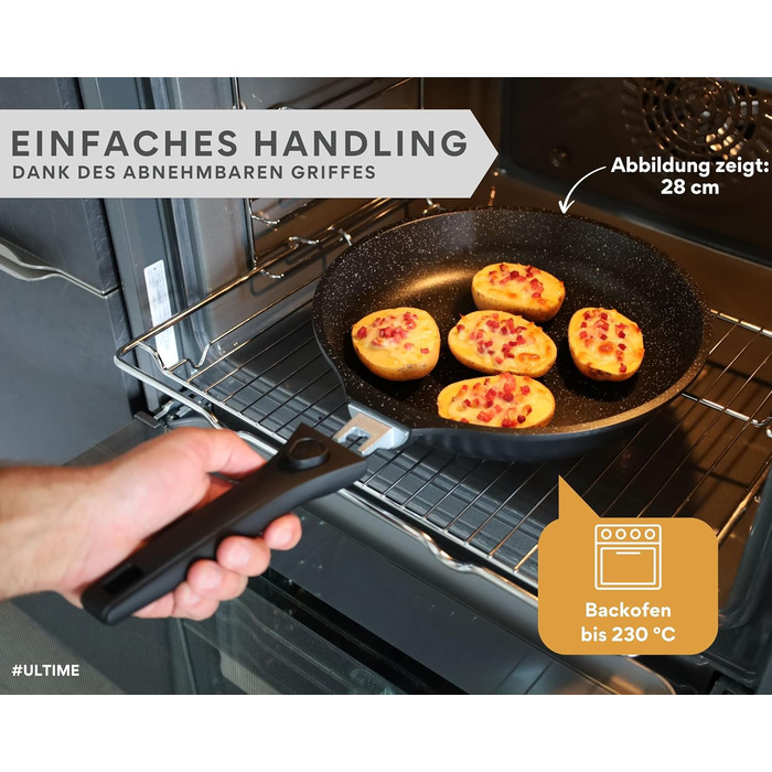 Пательня велика 28 см з антипригарним покриттям, знімною ручкою, для всіх типів плит (індукція) + захисні підкладки з повсті, без PFOA/PFOS, чорна