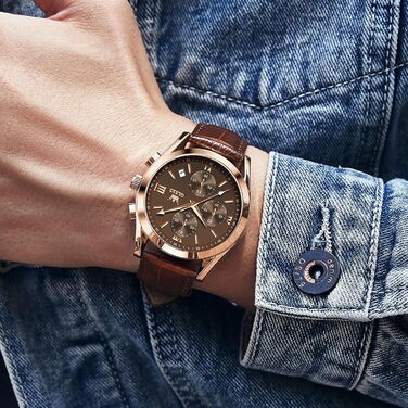 Чоловічий годинник OLEVS Vintage з шкіряним ремінцем, великий циферблат, водонепроникний, аналоговий годинник з датою, коричневий циферблат/коричневий ремінець