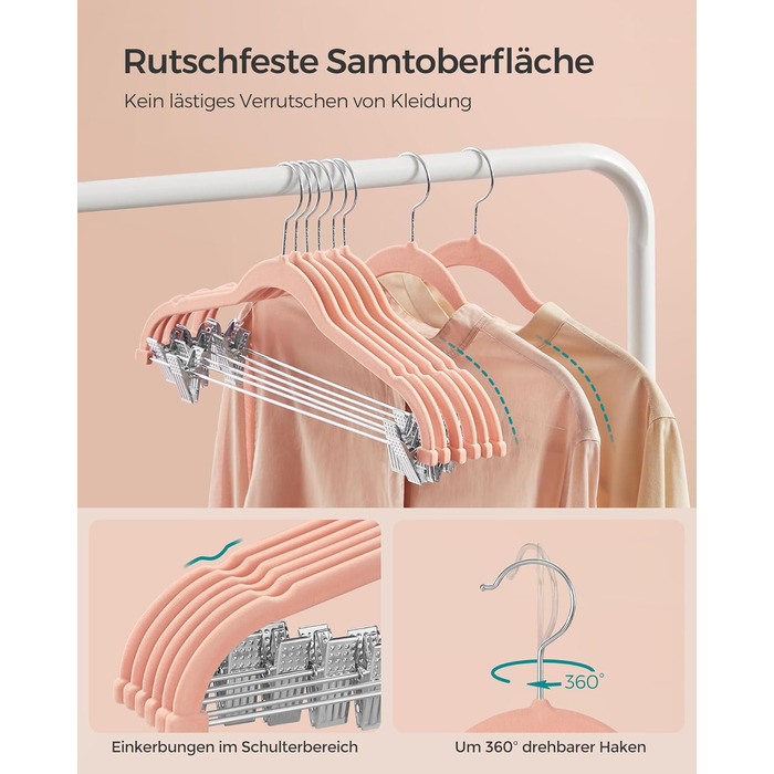 SONGMICS Velvet Clothes Hangers, 10-Piece Set, Skirt Hanger, 42.5 cm wide, with adjustable clips, non-slip, space-saving, for pants, coats, dresses, Light Pink CRF012R10