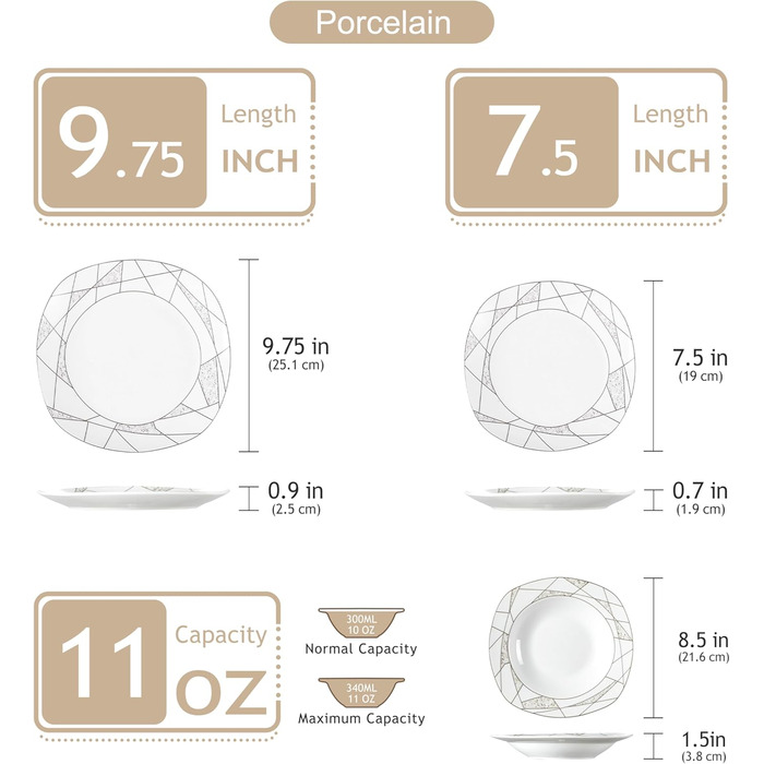 VEWEET Сервіз столовий 'Serena' з порцеляни, 24 частини | Комплект включає миски для каші, десертні тарілки, тарілки для їжі та супові тарілки | Сервіз для 6 осіб/ресторану/сім'ї (Білий, 18-частинний сервіз)