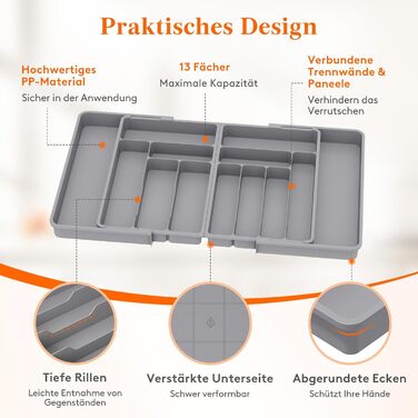 Органайзер для столових приборів Lifewit в шухляду, регульований (54.1-91.4 см x 43 см), 11-13 відділень, пластиковий, для ножів, виделок, ложок