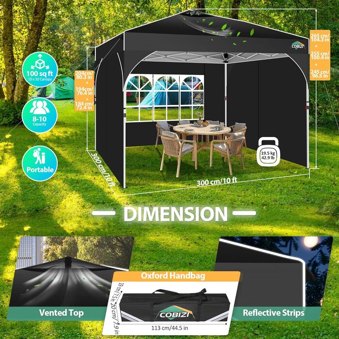 COBIZI Folding Gazebo 3x3, 3x3 Gazebo Waterproof Stable One Push UV Protection Outdoor Party Tent Corrugated Eaves Festival Tent Tent Garden Gazebo Pavilion Folding 3x3m With Carry Bag, (Black, 3x3 with 3 Side Walls)