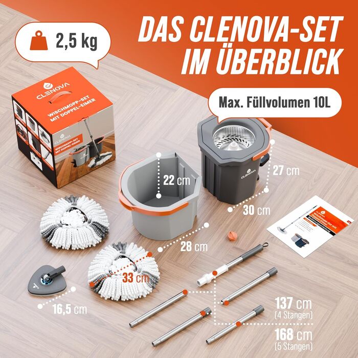 Набір для миття підлоги CLENOVA® з відром [розділення брудної води], моп з педальним віджимом & 2 мікрофібровими насадками – підходить для всіх типів підлоги (темно-сірий)