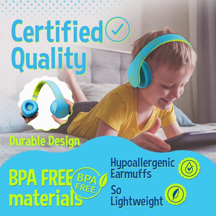 Дитячі навушники PowerLocus Bluetooth з обмеженням гучності 85dB, складні, з чохлом, Over-Ear, бездротові та з кабелем, з мікрофоном, Micro-SD, для телефону, ПК, планшета, зелені (синьо-зелені)