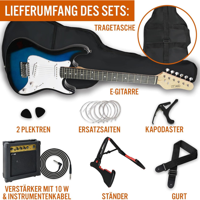 Електрогітара 3/4 розміру 3rd Avenue XF Ultimate Kit з підсилювачем 10W, тюнером, кабелем, стійкою, Gigbag, ременем, запасними струнами, медіаторами, каподастром - Початковий набір, блакитний