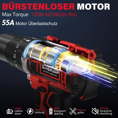 Акумуляторний дриль-шуруповерт SundpeyPRO 21V з перфоратором, 120 Нм, безщітковий двигун, комплект з 2 x 4000mAh акумуляторами, 20+3 ступені крутного моменту, LED-підсвітка