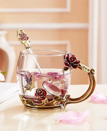 Enamel Butterfly Flower Tea Cup Sets with Spoon and Lid, Glass Coffee Mugs, Wedding Birthday, Valentine's Day, Christmas, Gift for Women Wife Friend (Pink)