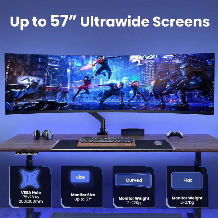 Кронштейн для монітора PUTORSEN Ultrawide 22-57 дюймів, регульований за висотою, настільний тримач до 27 кг, VESA до 200x200 мм, чорний
