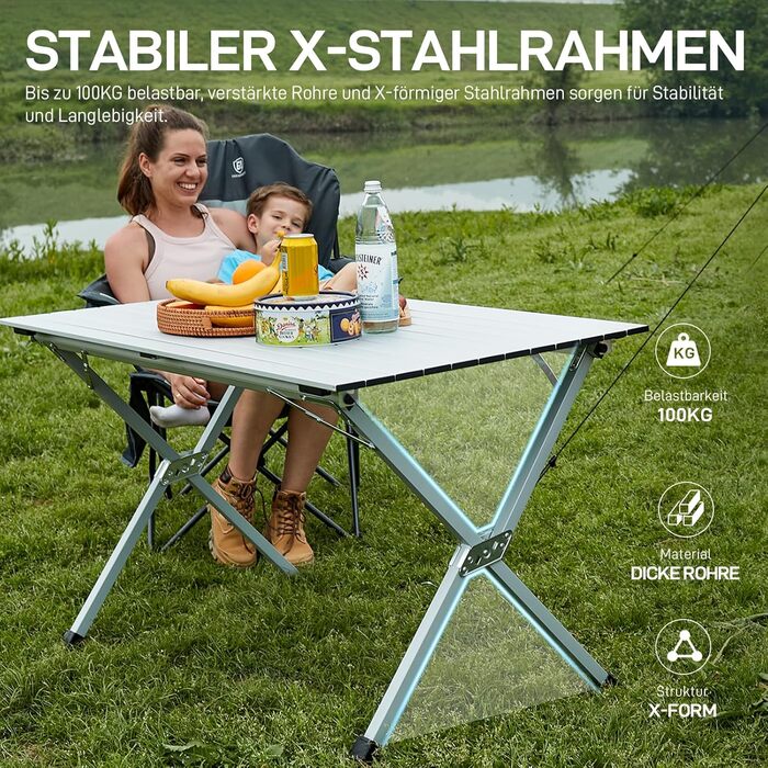 Розкладний туристичний стіл EVER ADVANCED 120x70 см з алюмінію для кемпінгу, пікніка, саду, балкону, срібний