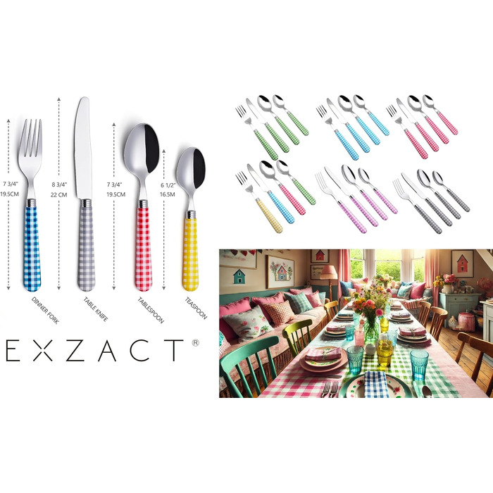 EXZACT Набір столових приборів з нержавіючої сталі 24 шт. - Ручки кольору Гінгем - 6 виделок, 6 ножів, 6 ложок, 6 чайних ложок (24 шт. сірого кольору)