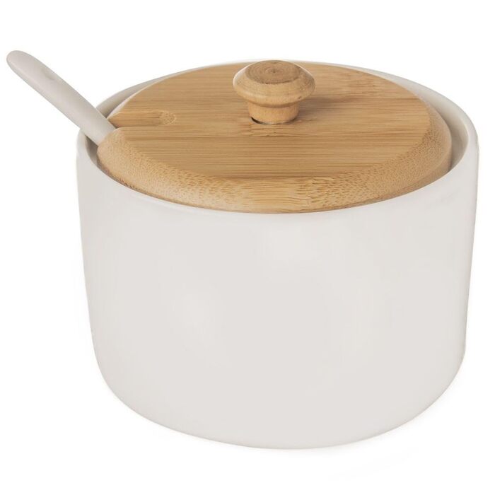 Цукорниця Orion Group з кришкою та ложкою, 6,5 см, біле порцелянове покриття та бамбукова ручка