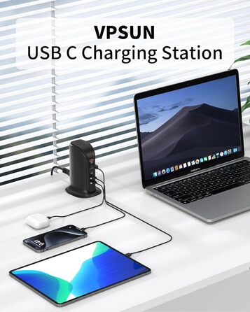 Зарядний пристрій USB-C 55W багатопортовий для iPhone, iPad, Samsung та інших пристроїв - Вежа USB-станція з 5 портами