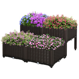 Outsunny Raised Garden Bed Rattan Plant Box 40x40x44cm with PP Drainage Holes, Brown for Garden Balcony