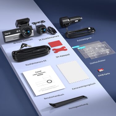 Автомобільний відеореєстратор 4K+2K з WiFi 5GHz, передня та задня камери, 64GB карта пам'яті, кут 170°, нічний режим WDR, дисплей 3.2