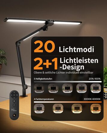 LED лампа NGTeco для робочого столу з 3 світлодіодними смугами, 99 см, регульована яскравість, захист очей, гнучкий шарнірний кріплення, 1500 люменів, архітектурна лампа з пультом дистанційного керування