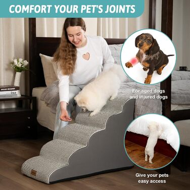 Dog Stairs for Small Dogs 50cm, Pet Stairs for Bed made of High-Density Sponge, Dog Stairs Dog Ramp with Washable Cover and Non-Slip Bottom, 40x72x50cm, 4 Steps, (White/Black, 40x84x57cm)
