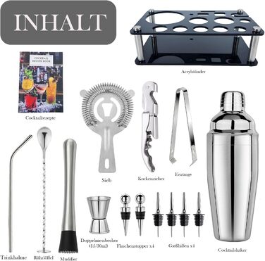Набір для коктейлів 6 предметів з нержавіючої сталі, 750 мл, з аксесуарами та рецептами для дому, бару, вечірок (15 шт)