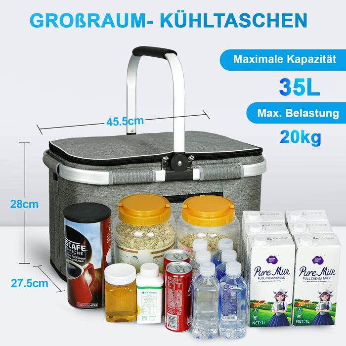 Термосумка-кошик 35L для покупок, пікніків, кемпінгу та подорожей. Ізольована термосумка-кошик сірого кольору з водонепроникним внутрішнім кишеньком та бічною підтримкою.
