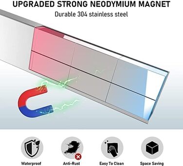 Improved 50cm Trhillsbrad Magnetic Knife Strip, 50cm Magnetic Knife Holder with 3 Hooks Stainless Steel Knife Rail Self-Adhesive, Silver Wall Mount Magnetic Strip No Drilling Knife Holder