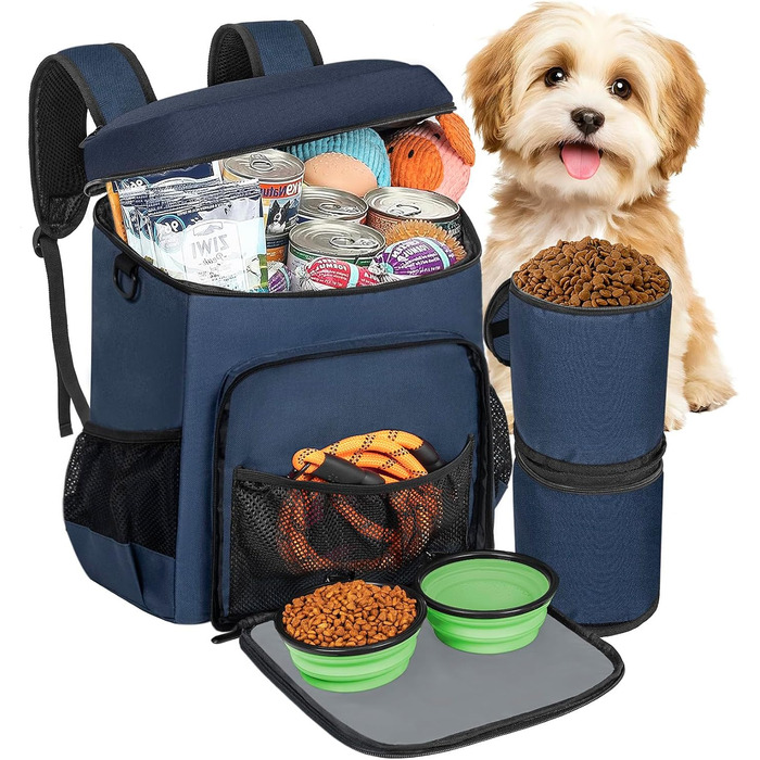 Чемодан-рюкзак для собак Anild: TSA-сертифікований, з 2 контейнерами для корму, 6 силіконових мисок, органайзером. Підходить для подорожей, походів, кемпінгу. Колір: темно-синій