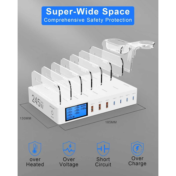 Зарядна станція 245W USB для 7 пристроїв з LCD-дисплеєм, кабелями та тримачем для iWatch, чорна - для iPhone, планшетів та іншої електроніки