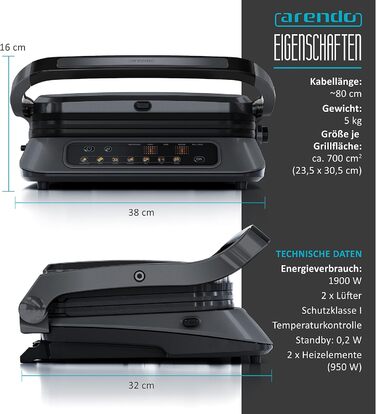 Arendo Electric Grill - Contact Grill, Tabletop Grill & Sandwich Maker with Digital Control - 1900W, 7 Programs, Removable Plates, Stainless Steel