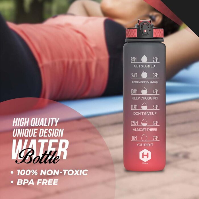 1L Drinking Bottle - BPA-Free Drinking Bottle with Straw and Time Markings - Water Bottle for Bicycle, Outdoor, School, Running, and Gym - Carbonated Drink Bottle Suitable (gray and red)