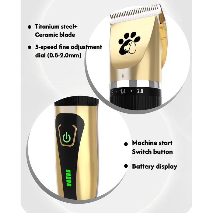 Професійна машинка для стрижки собак та котів Leise, електрична бездротова, 2 швидкості (Золота)