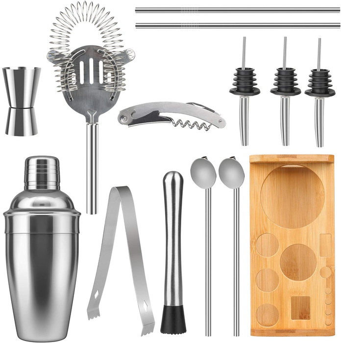 Набір для коктейлів Tuevob 13 предметів з нержавіючої сталі з підставкою - 550 мл. Барменський набір, інструменти для приготування коктейлів, Boston Cocktail Set. Ідеальний подарунок для дому та кухні.