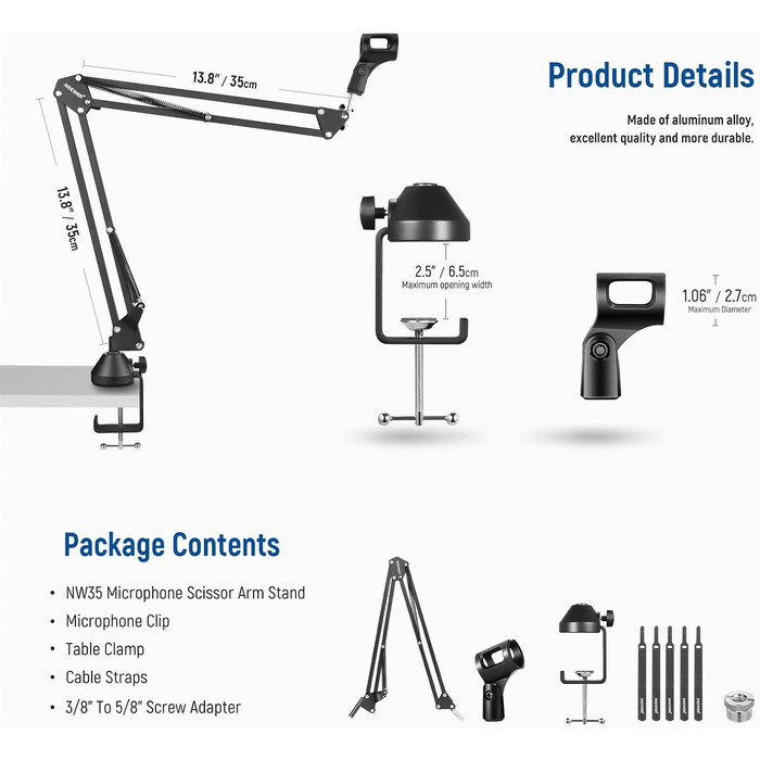 Тримач для мікрофона Neewer NW-35A: підвіс-боом, шарнірний кріплення, сумісний з Blue Yeti, Quadcast та іншими мікрофонами (до 1.5 кг)