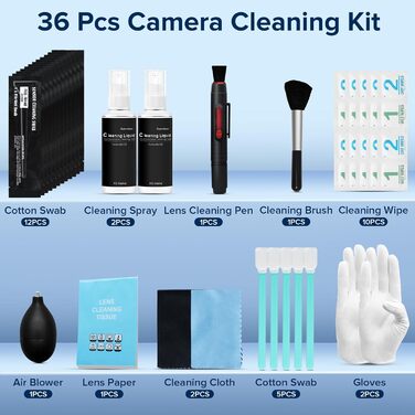 Набір для чищення камери 36-в-1: повний формат, Lenspen, повітряний дмух, пензлі, очищувач, серветки для лінз. Сумісний з Canon, Sony, Nikon, Pentax DSLR
