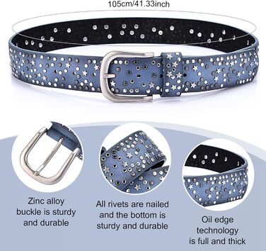 Жіночий шкіряний ремінь 110 см з зірковими застібками, ширина 3.8 см, універсальний для джинсів, суконь, штанів та шортів, регульований, вінтажний, з металевою пряжкою (синій)