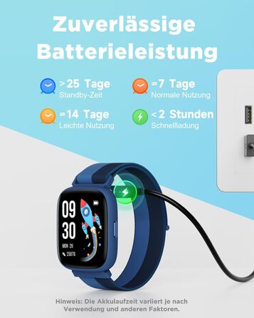 Смарт-годинник BIGGERFIVE для дітей, 1.8' екран, фітнес-трекер з підрахунком кроків, пульсометр, моніторинг сну, будильник, 5 ігор, водонепроникність IP68, ремінець з нейлону блакитного кольору