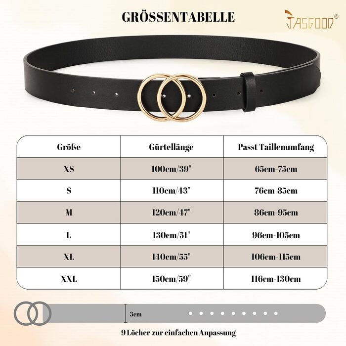 Жіночий шкіряний ремінь JasGood з подвійною кільцевою пряжкою для джинсів, штанів, суконь - чорний, XS (100 см, об'єм талії 65-75 см)