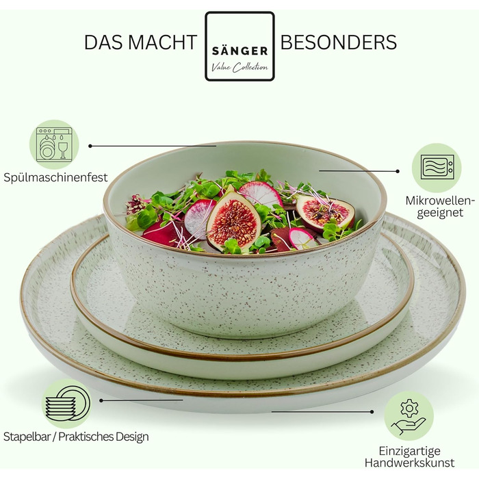 Набір посуду SÄNGER Rio Minze 18 предметів: 6 тарілок для їжі, 6 десертних тарілок, 6 салатників. Керамічний посуд для 6 осіб, м'ятного кольору. VALUE COLLECTION