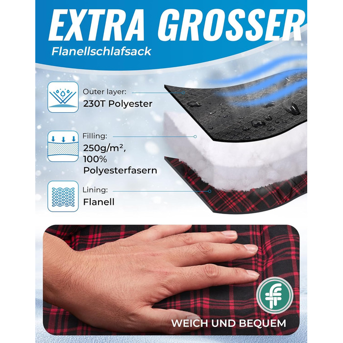 Сплячий мішок KingCamp XXL з бавовни фланелі для дорослих, великого розміру, теплий, зимовий, для кемпінгу, подорожей та активностей на відкритому повітрі, 4-сезонний, 220x100 см, класичний чорний