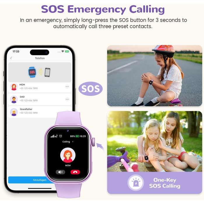 Дитячий розумний годинник зі GPS та телефоном, IP68, відеодзвінки, SOS, режим навчання, чат, SMS, ліхтарик, крокомір, будильник, годинник для дівчаток та хлопчиків, фіолетовий