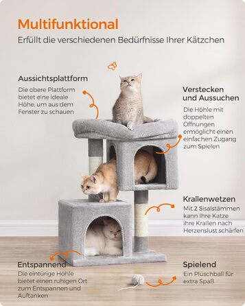 Feandrea Cat Tree Small, 67 cm Cat Tree, Kitten House for Kittens up to 3 kg, Large Platform, Sisal Posts, Light Grey PCT611W01